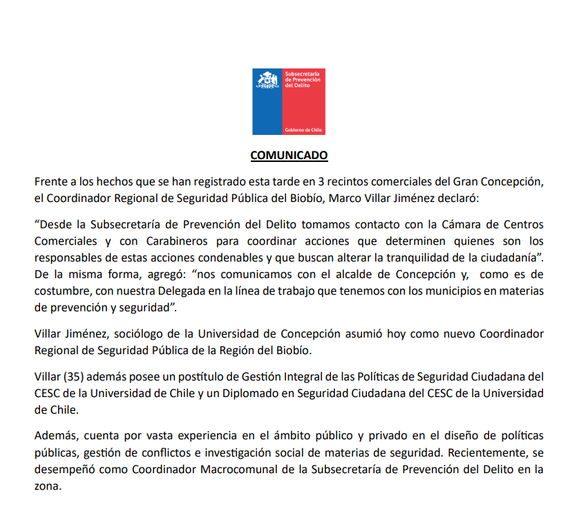  Comunicado del CRSP Biobío tras explosiones en Concepción
