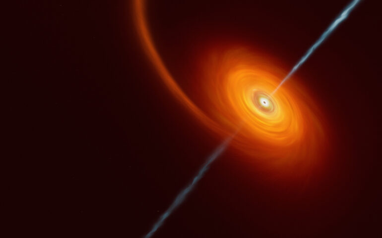 Ilustración de un agujero negro tragando una estrella. Por Martin Kornmesser.