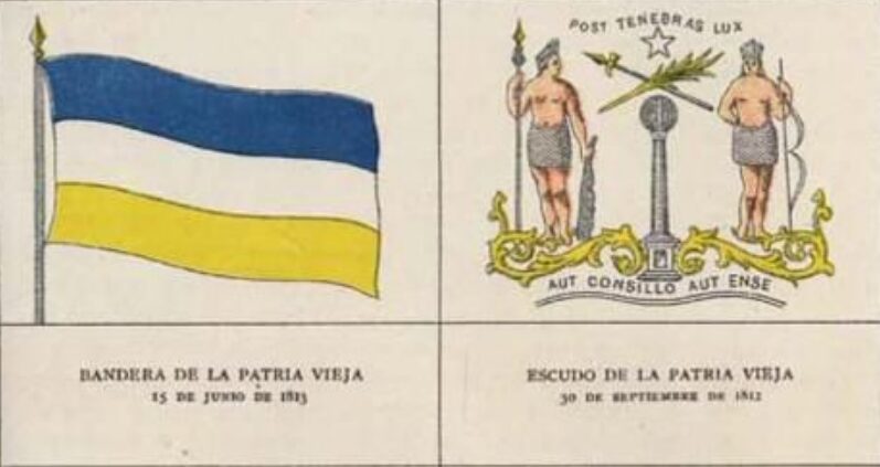 En el Día de la Bandera se rememora y rinde honores al pabellón patrio || Bandera de la Patria Vieja representada en un libro de 1910. Extraído desde Memoria Chilena