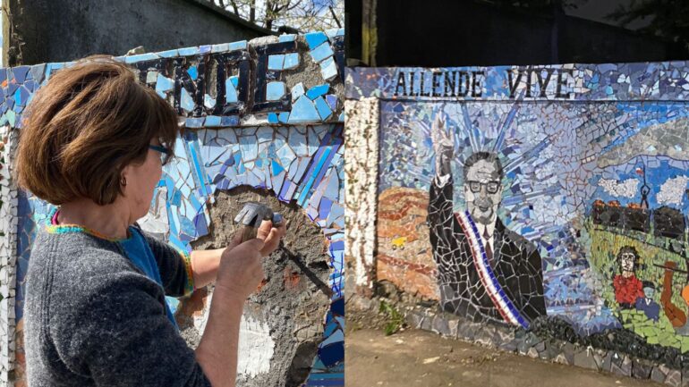 Izquierda: Florencia Echeverría, restauradora del mosaico de Salvador Allende Derecha: Mosaico reparado tras vandalismo, 2022 || Sala de Prensa