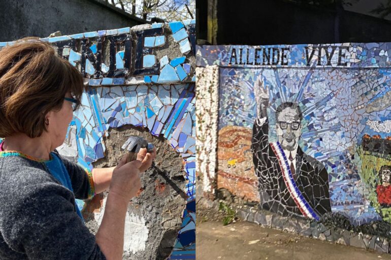 Izquierda: Florencia Echeverría, restauradora del mosaico de Salvador Allende Derecha: Mosaico reparado tras vandalismo, 2022 || Sala de Prensa