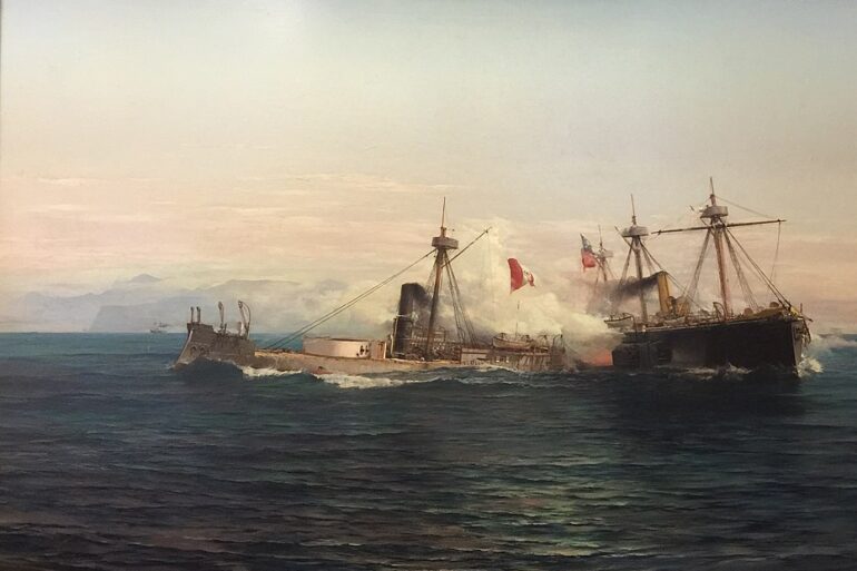 Óleo de Thomas Somerscales sobre el combate naval de Angamos