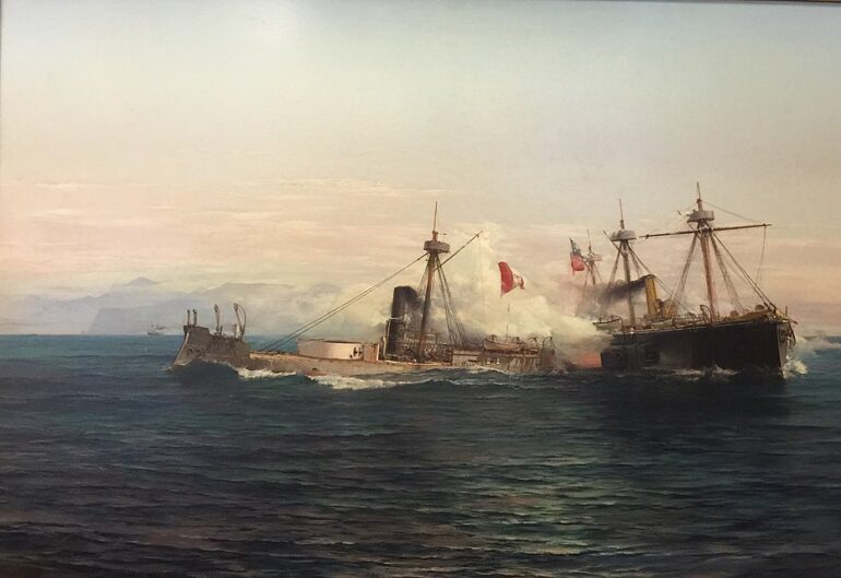 Óleo de Thomas Somerscales sobre el combate naval de Angamos