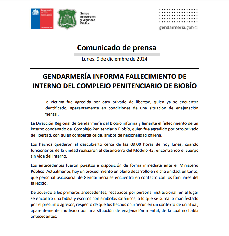 Comunicado Gendarmería 9-12 sobre reo decapitado en la Cárcel El Manzano