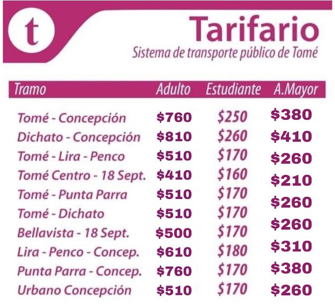 Tarifario pasajes de la línea Transportes Tomé a partir del 9 de diciembre || Buses Concepción en Instagram