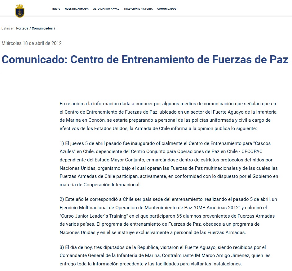 Comunicado Armada de Chile por Fuerte Aguayo