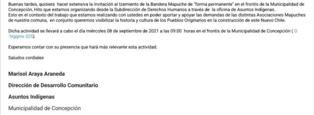 invitación para instalar bandera mapuche